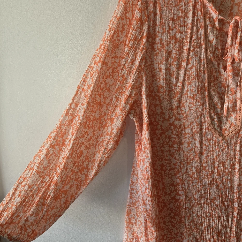 Lee Orange White Floral Lightweight Gauze Long Sleeve Tunic Top Plus Size 3X - Picture 6 of 15